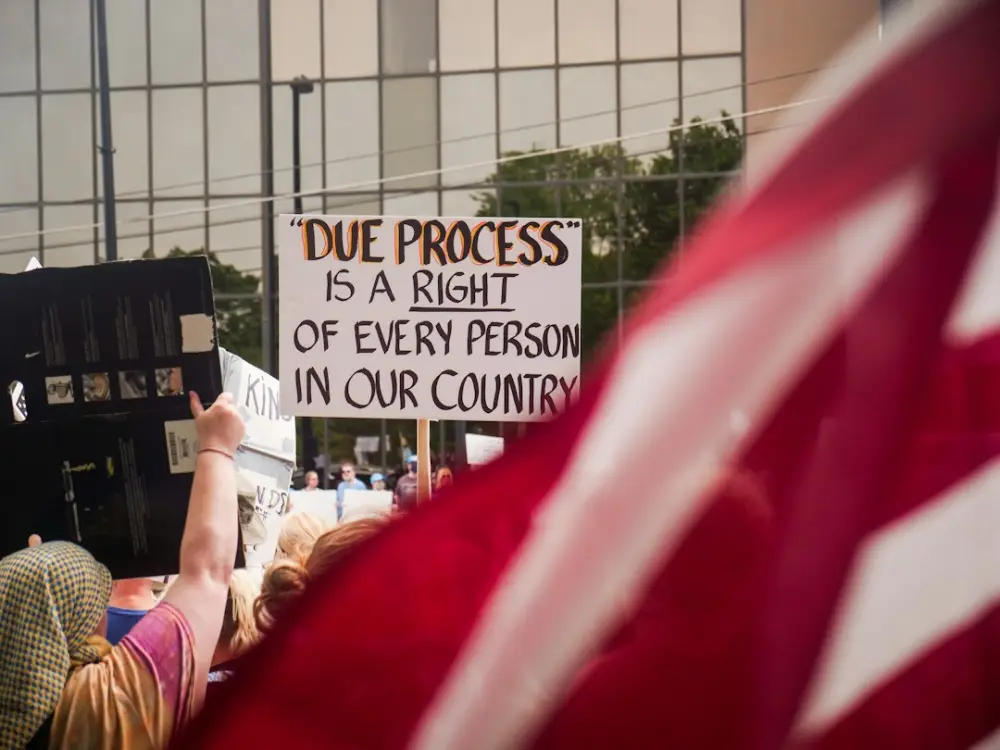 Protestors demonstrate for due process rights, illustrating work and leave rights